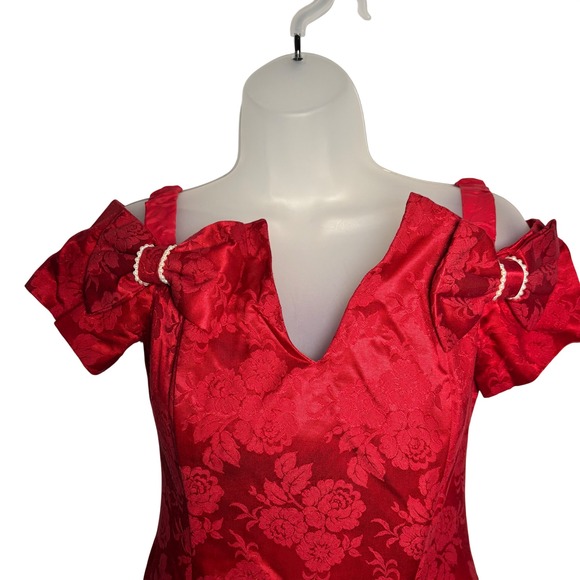 Vintage Gunne Sax Red Brocade Off Shoulder Bow Dress Sz 9/10 Prom Hoco Pageant - Picture 3 of 12
